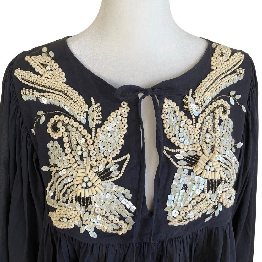 All Saints Sz 8 Dana Top Boho Beaded Peasanst Blouse Tie Neck Black Cream Cotton - Picture 4 of 16